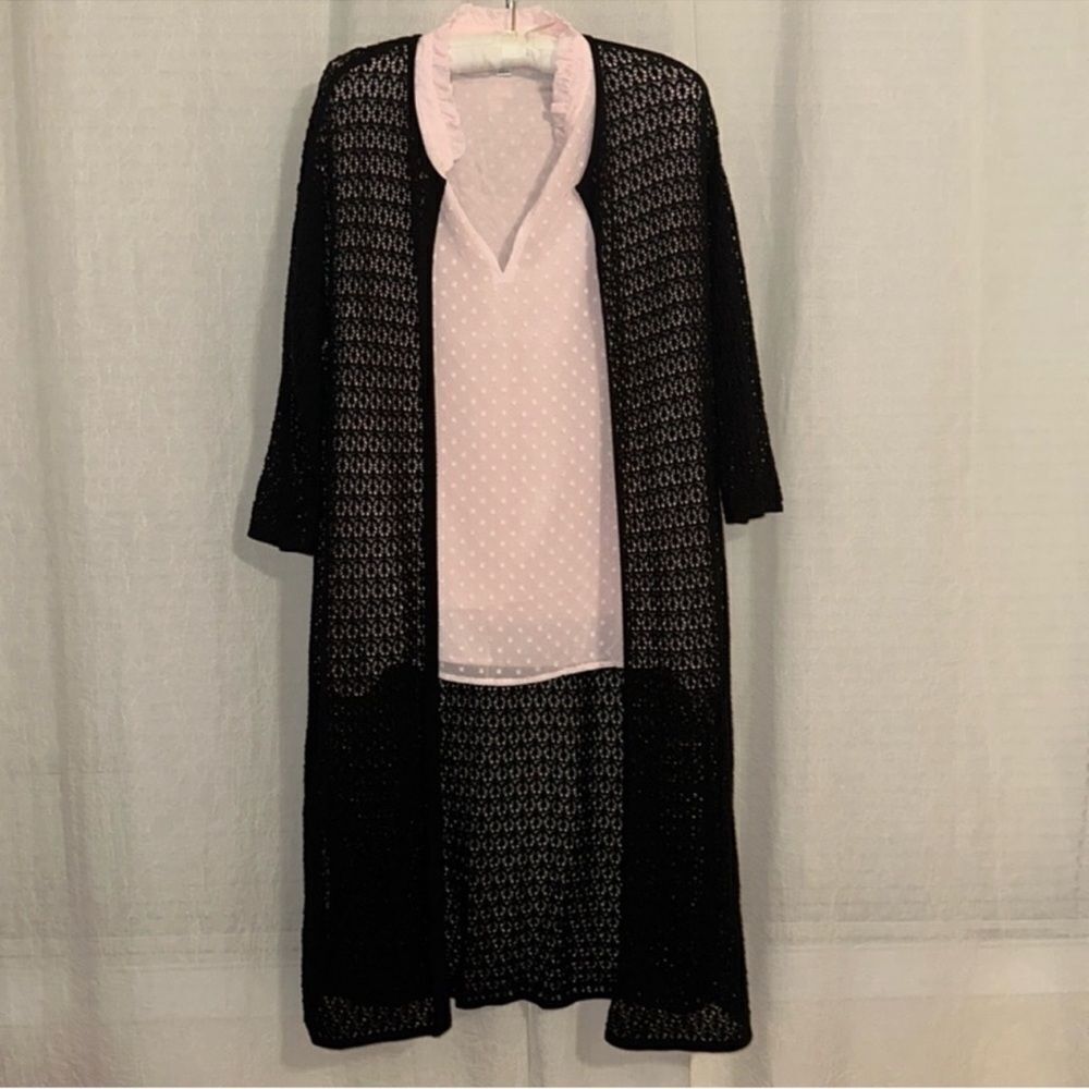 J. Jill S Black Knit Eyelet Quarter Sleeve Long Cardigan Duster